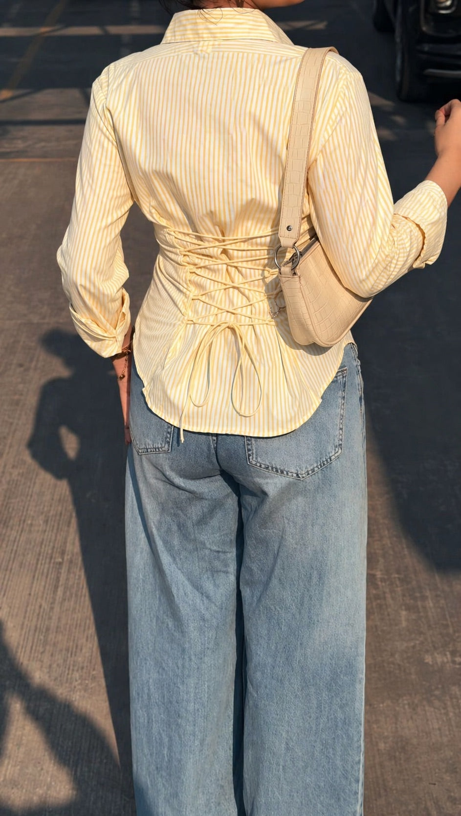 Yellow Striped Corset Back Shirt