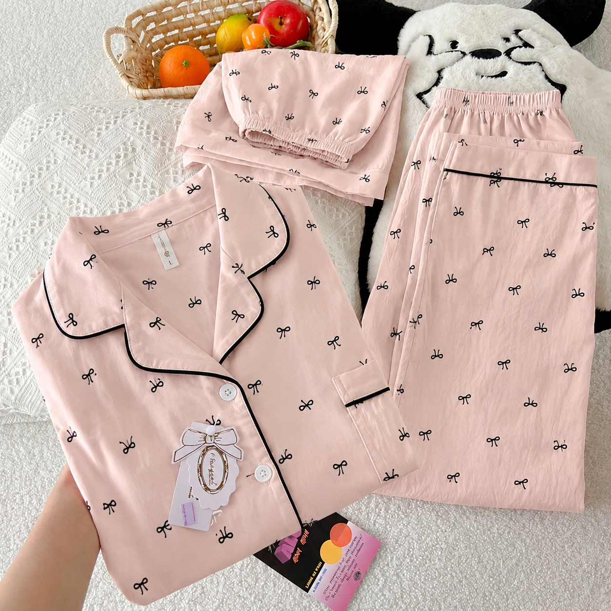 Peach Bow 3 Piece Night Suit