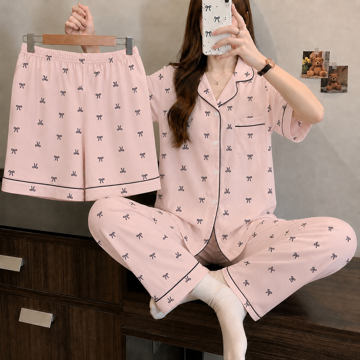 Peach Bow 3 Piece Night Suit