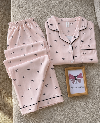 Peach Bow 3 Piece Night Suit