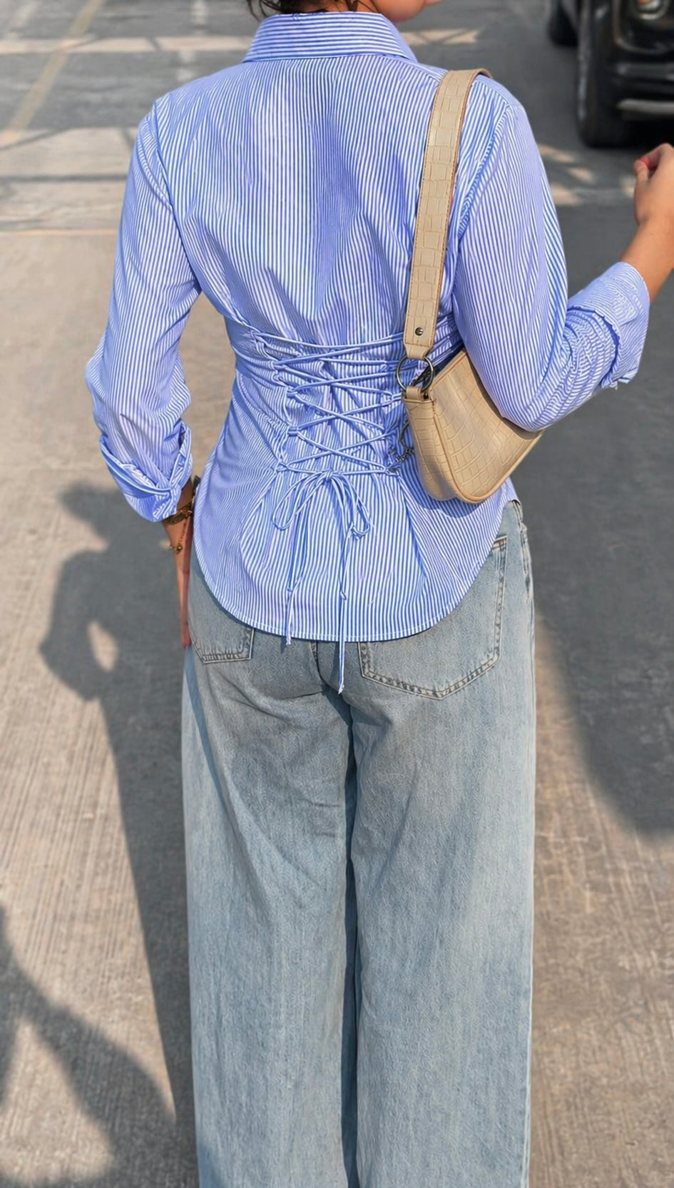 Blue Striped Corset Back Shirt