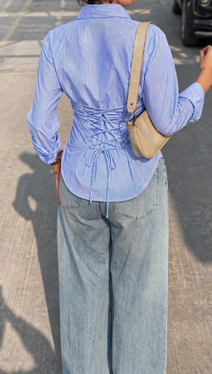 Blue Striped Corset Back Shirt