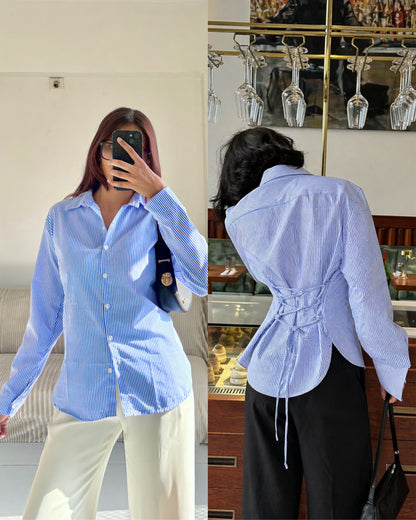 Blue Striped Corset Back Shirt