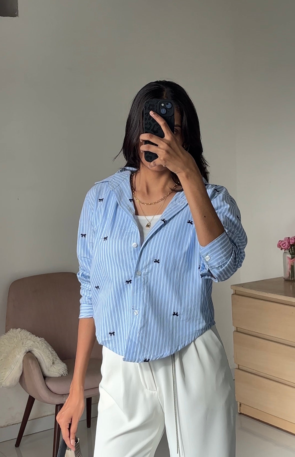 Blue Bow Embroidery Shirt