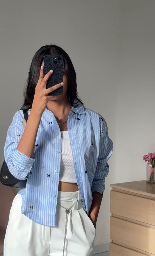Blue Bow Embroidery Shirt