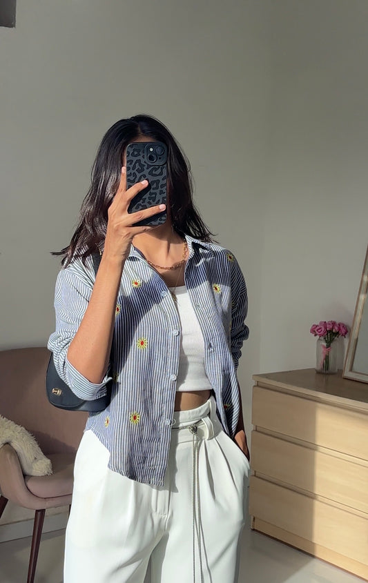 Navy Blue Sunflower Embroidery Shirt