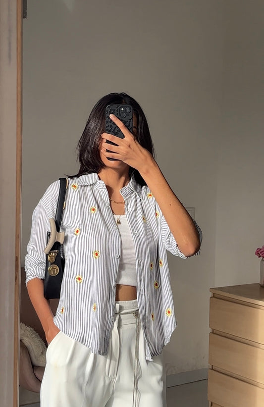 White Sunflower Embroidery Shirt