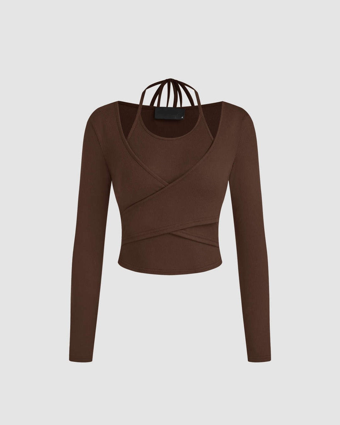 Brown Casual Solid Ribbed Wrap Halter Top For Women