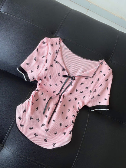 Bow String V Neck Korean Top
