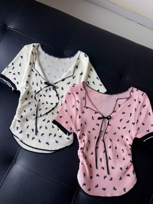 Bow String V Neck Korean Top