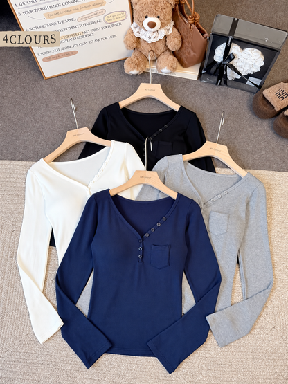 Classic V-neck Full Sleeve Built-in Bra Top