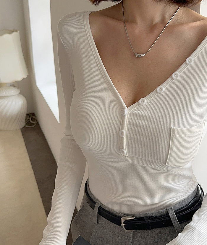 Classic V-neck Full Sleeve Built-in Bra Top