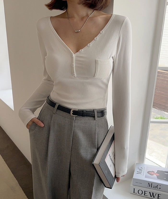 Classic V-neck Full Sleeve Built-in Bra Top
