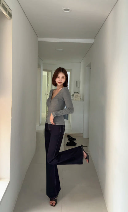 Classic V-neck Full Sleeve Built-in Bra Top