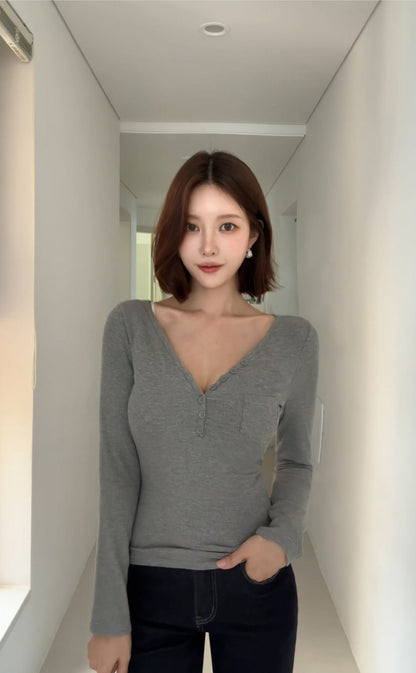 Classic V-neck Full Sleeve Built-in Bra Top
