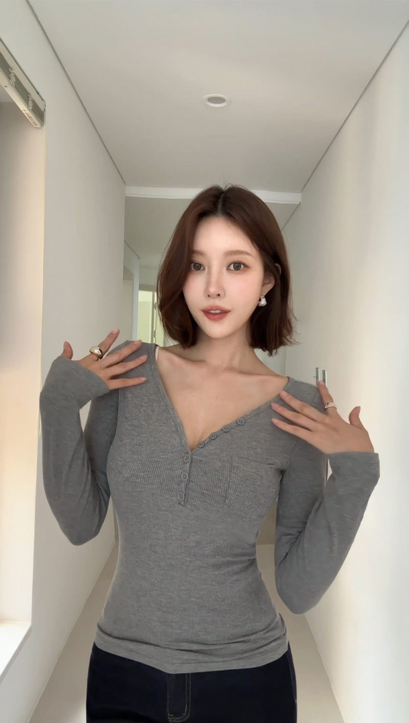 Classic V-neck Full Sleeve Built-in Bra Top
