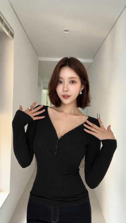 Classic V-neck Full Sleeve Built-in Bra Top