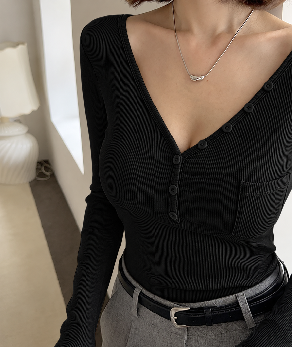 Classic V-neck Full Sleeve Built-in Bra Top