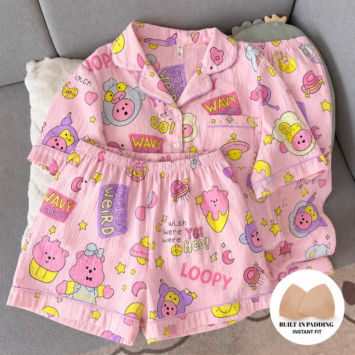 Loopy Pink Padded 3 Piece Night Suit