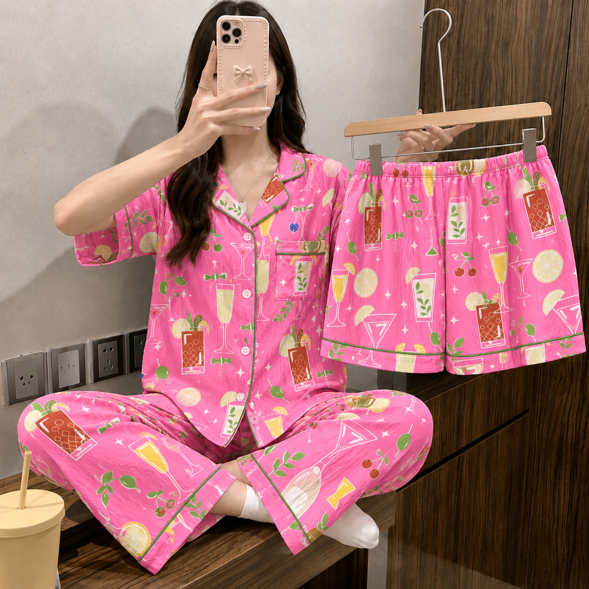 Cocktail Dreams Pink Padded 3 Piece Night Suit