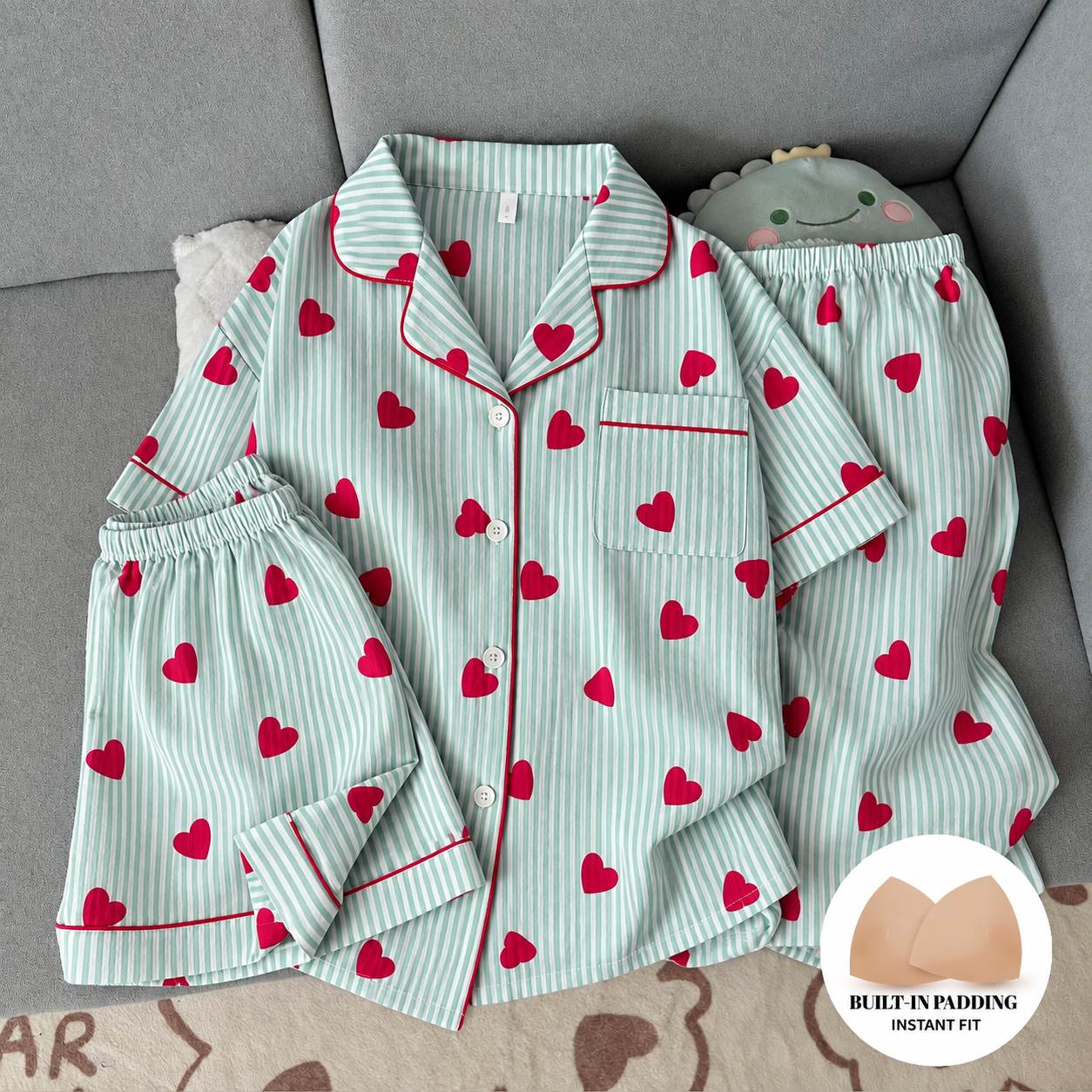 Minty Hearts Padded 3 Piece Night Suit