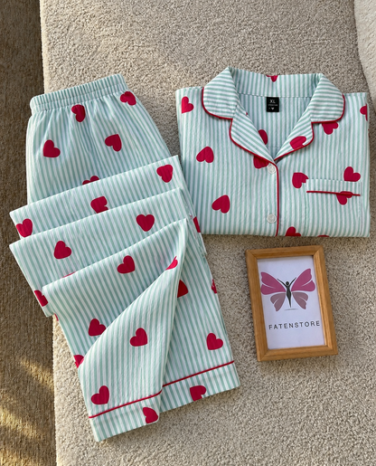 Minty Hearts Padded 3 Piece Night Suit