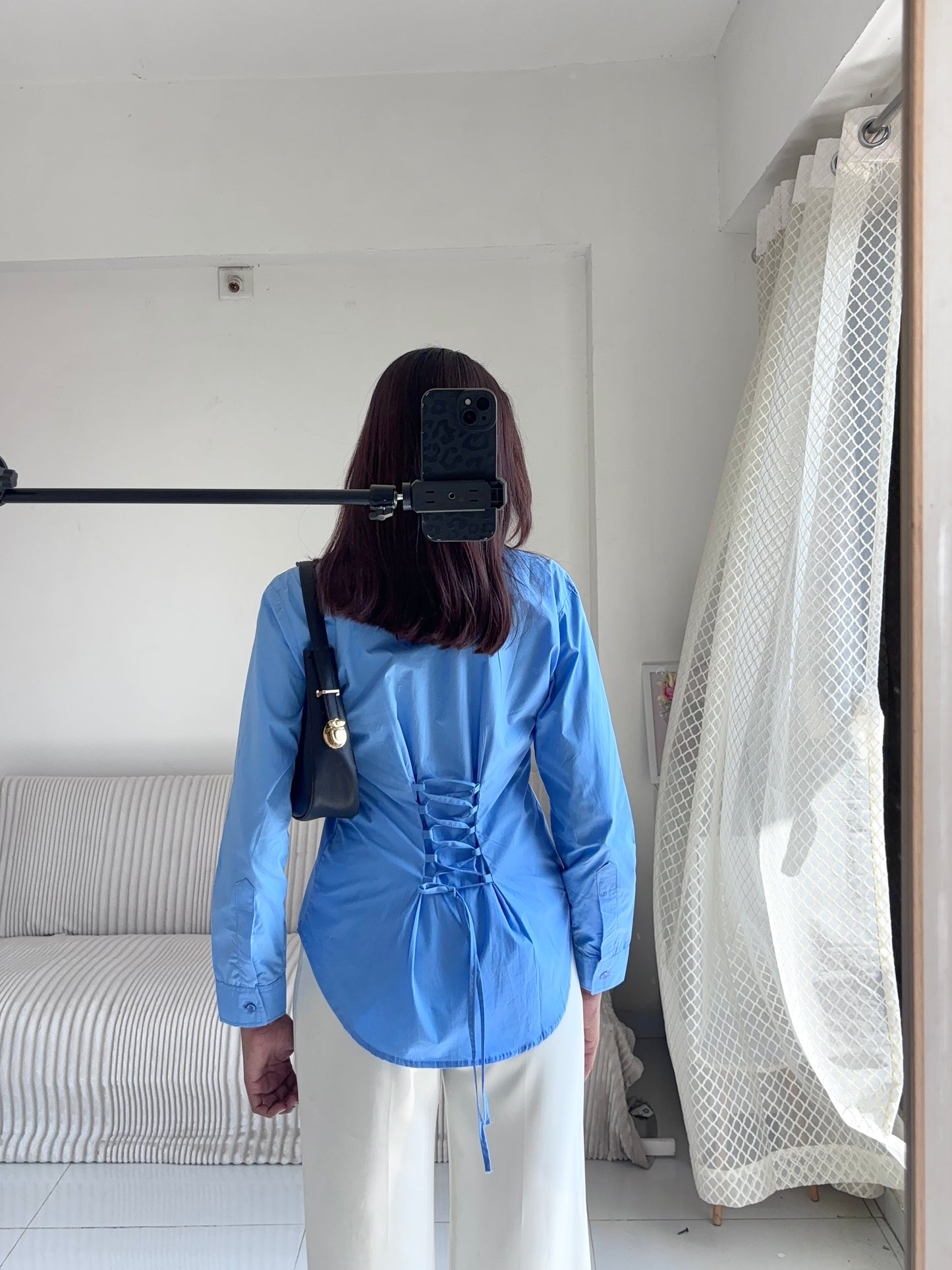 Basic Blue Fitted Corset Back Shirt