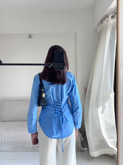 Basic Blue Fitted Corset Back Shirt
