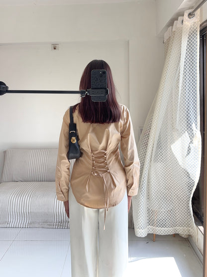Basic Beige Fitted Corset Back Shirt