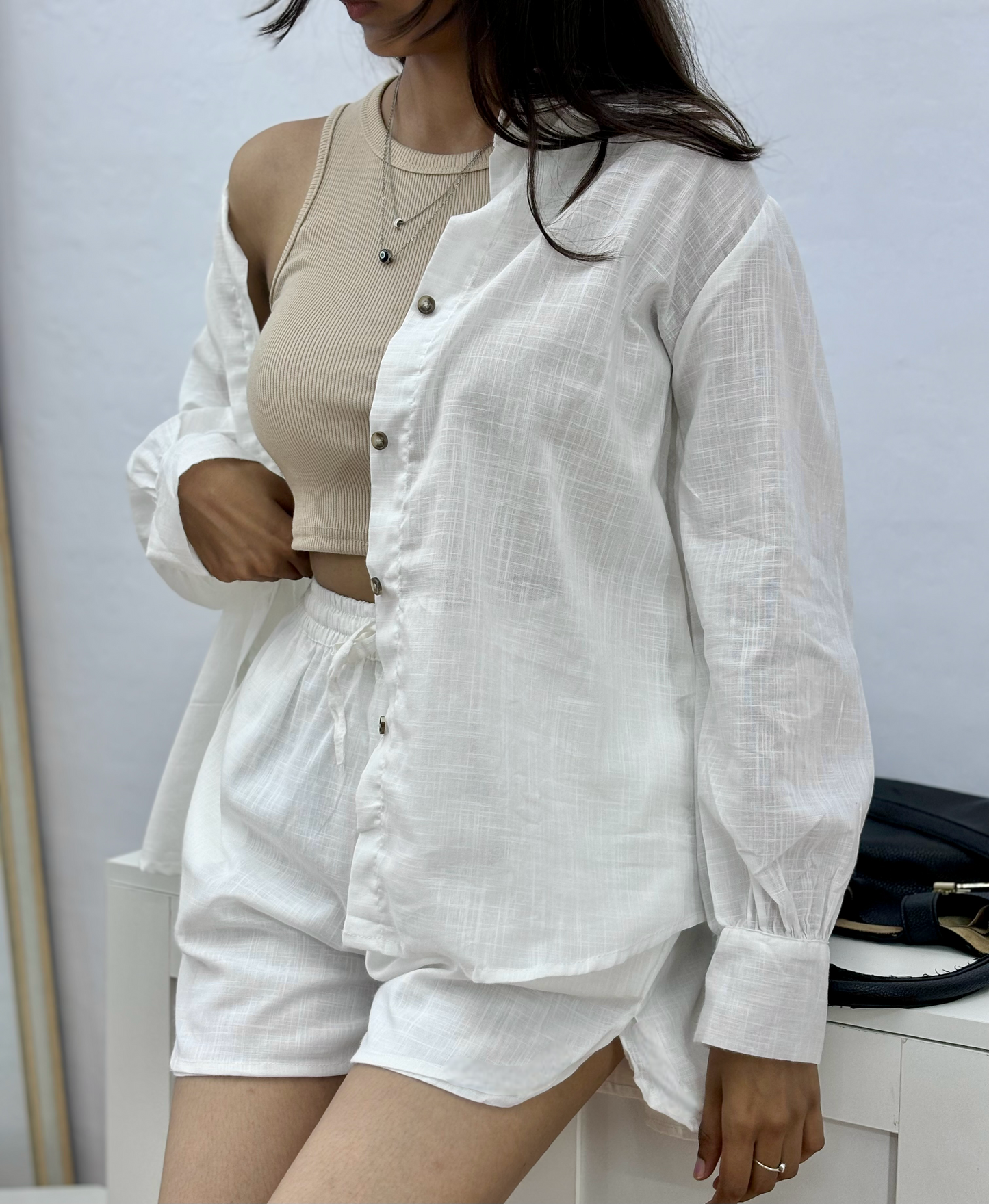 White Solid Casual Cotton Co-Ord Set For Women