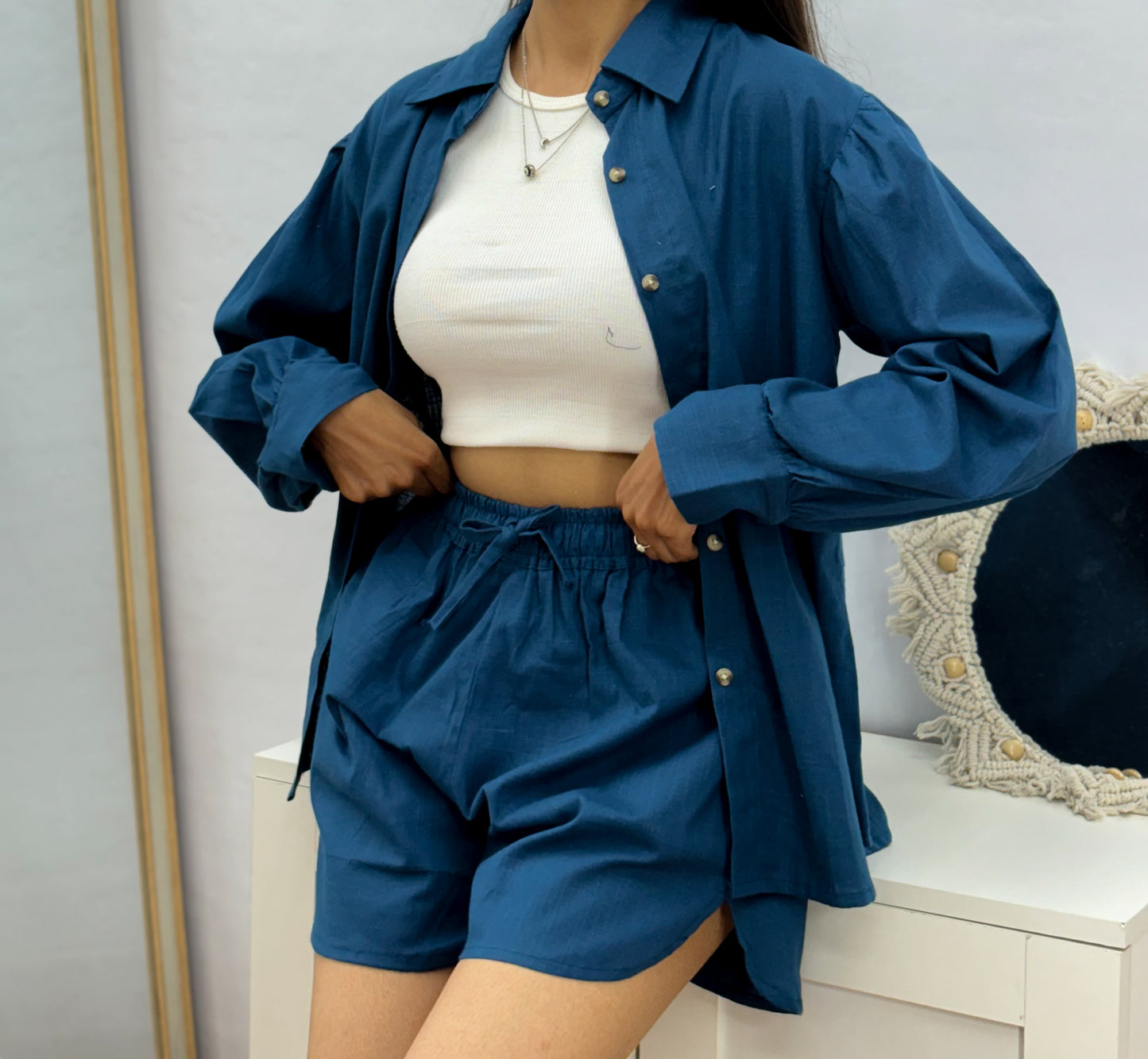 Blue Solid Casual Cotton Co-Ord Set For Women