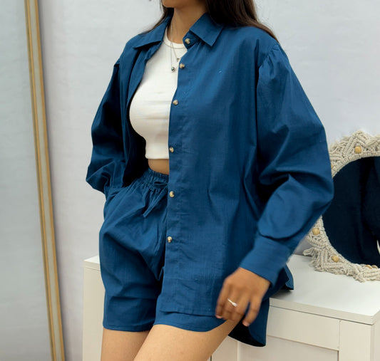 Blue Solid Casual Cotton Co-Ord Set For Women