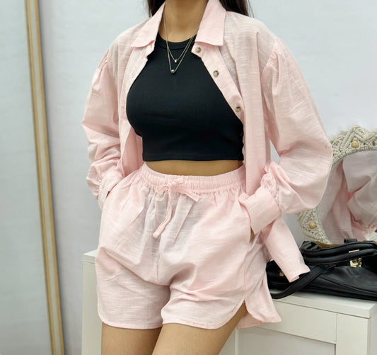 Baby Pink Solid Casual Cotton Co-Ord Set For Women