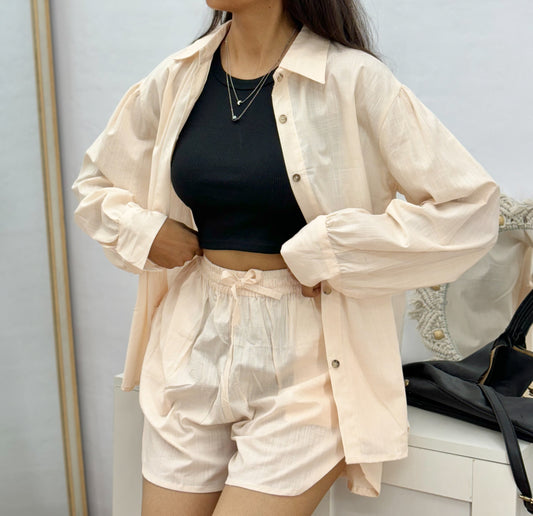 Cream Solid Casual Cotton Co-Ord Set For Women