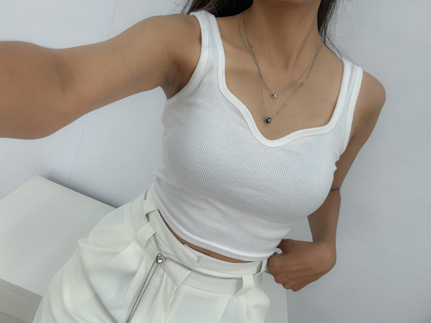 White Sweet Heart Neck Tank Top For Women