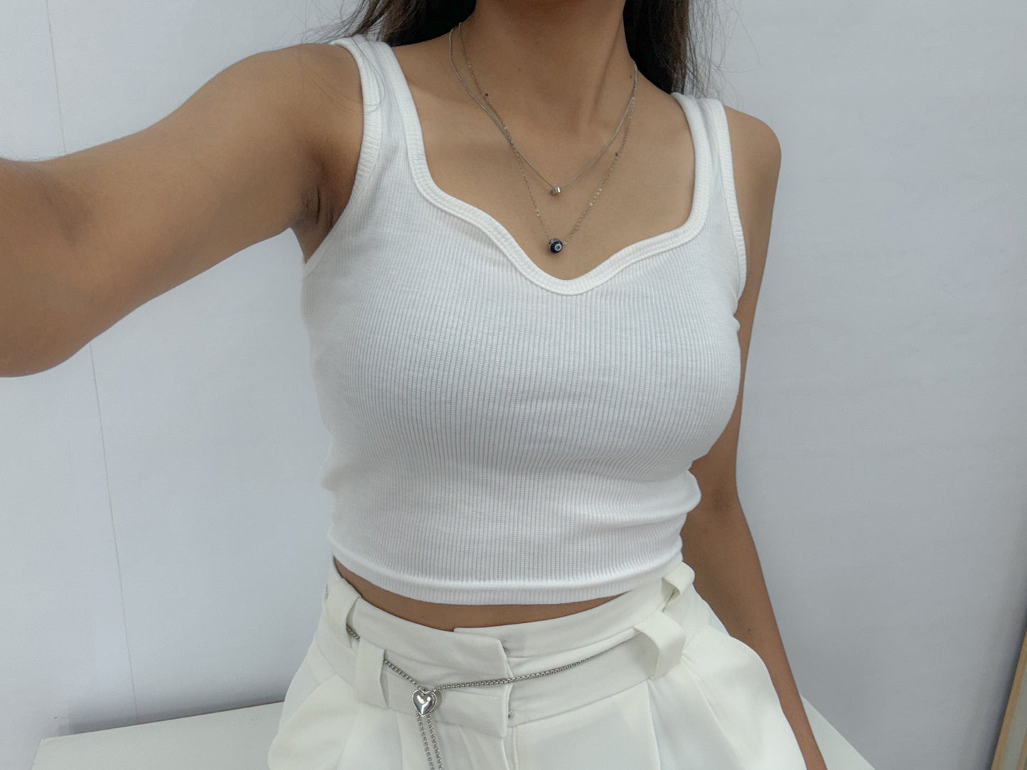 White Sweet Heart Neck Tank Top For Women