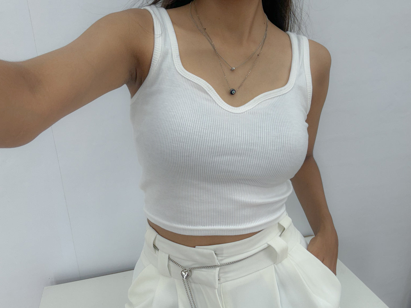 White Sweet Heart Neck Tank Top For Women