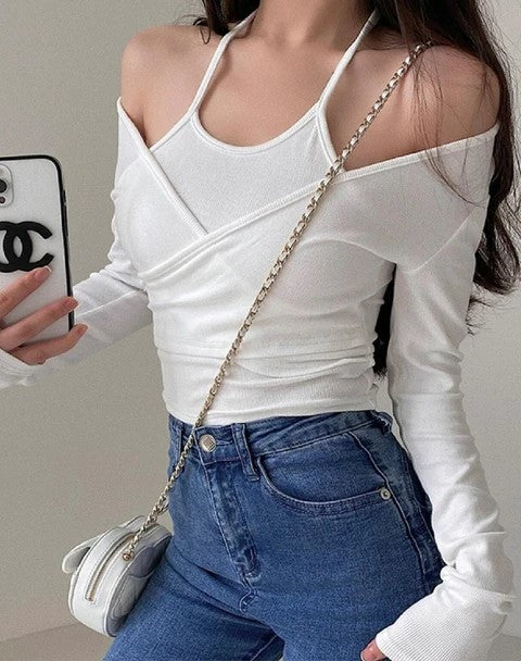 White Ribbed Wrap Halter Top For Women