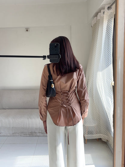 Basic Camel Beige Fitted Corset Back Shirt