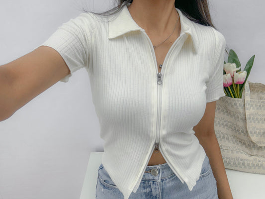 White Double Zipper Top For Women