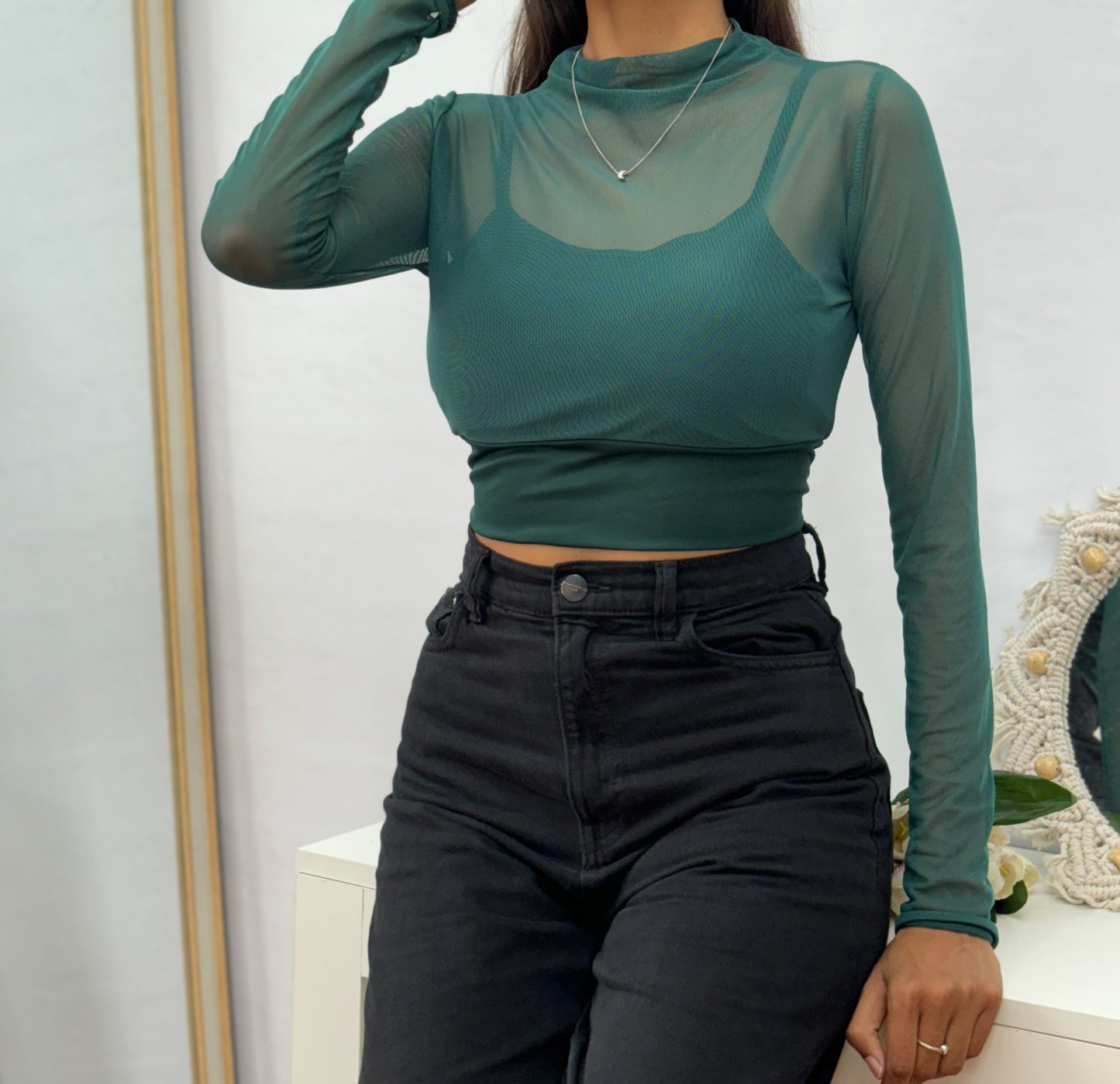 Green Padded Mesh Top For Women