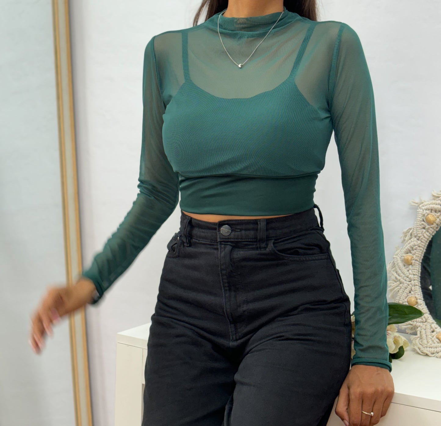 Green Padded Mesh Top For Women