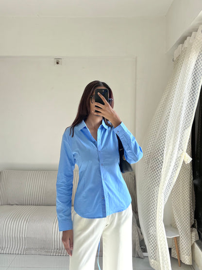 Basic Blue Fitted Corset Back Shirt