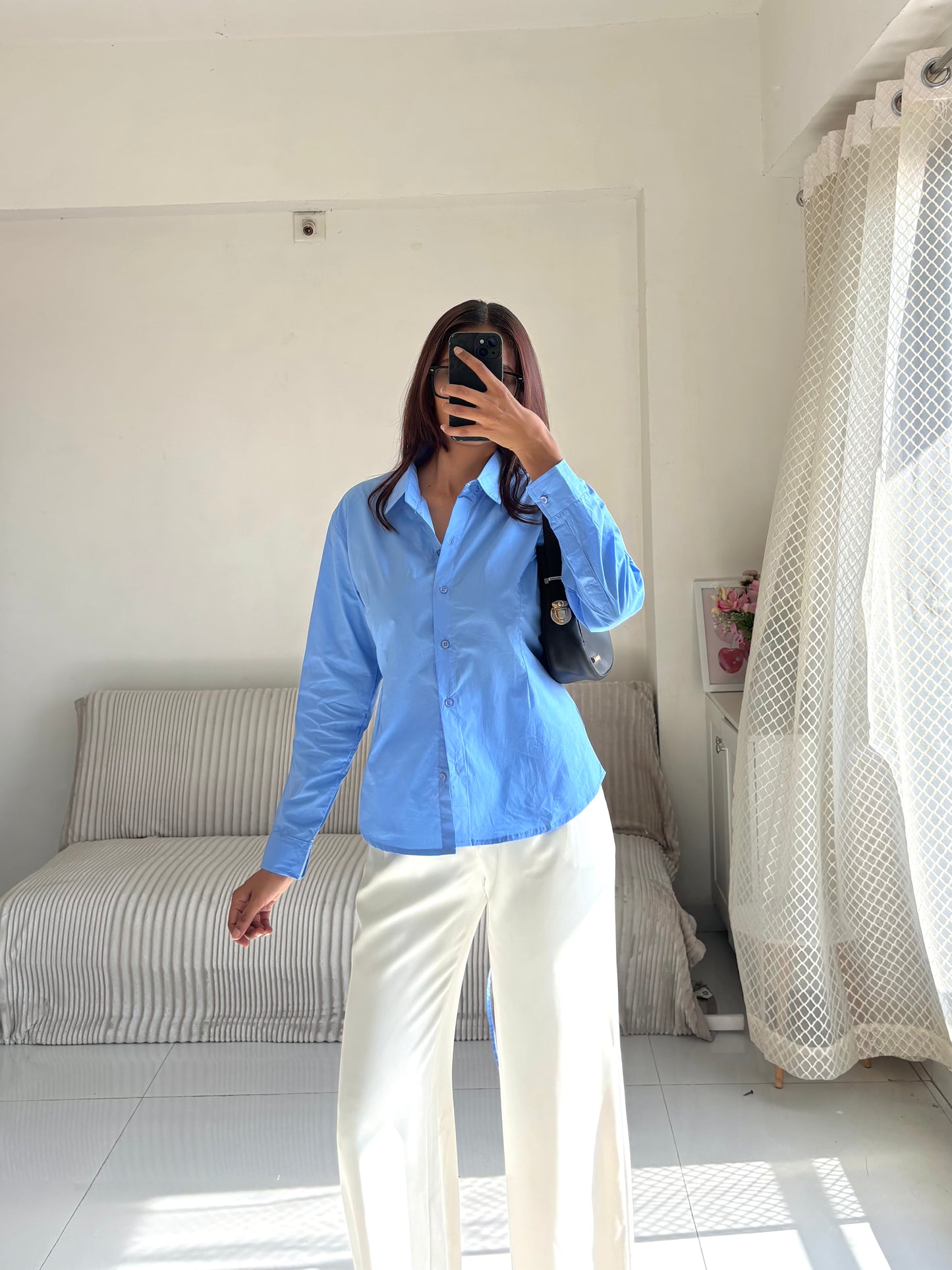 Basic Blue Fitted Corset Back Shirt