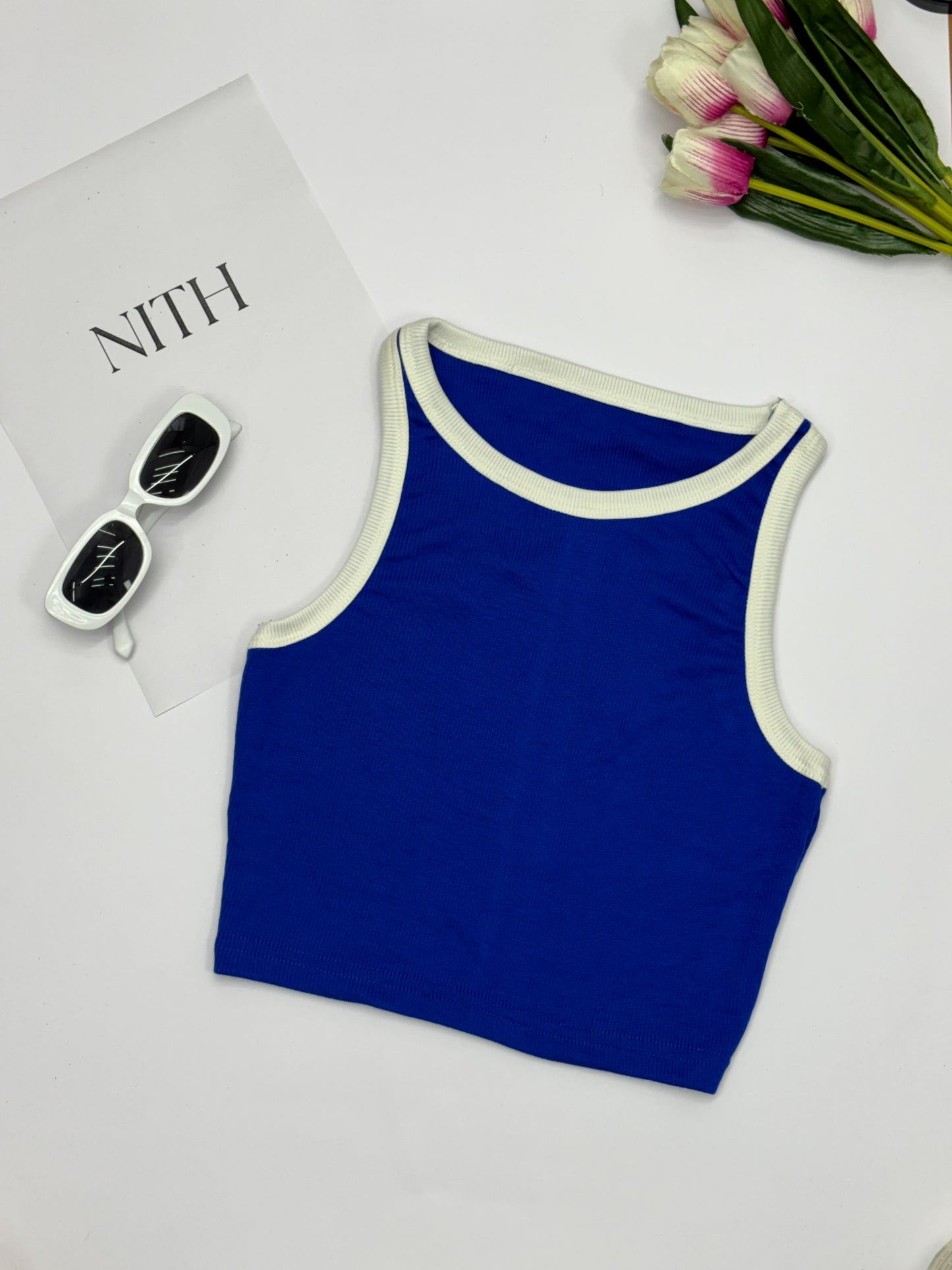 Blue Contrast Tank Top For Women