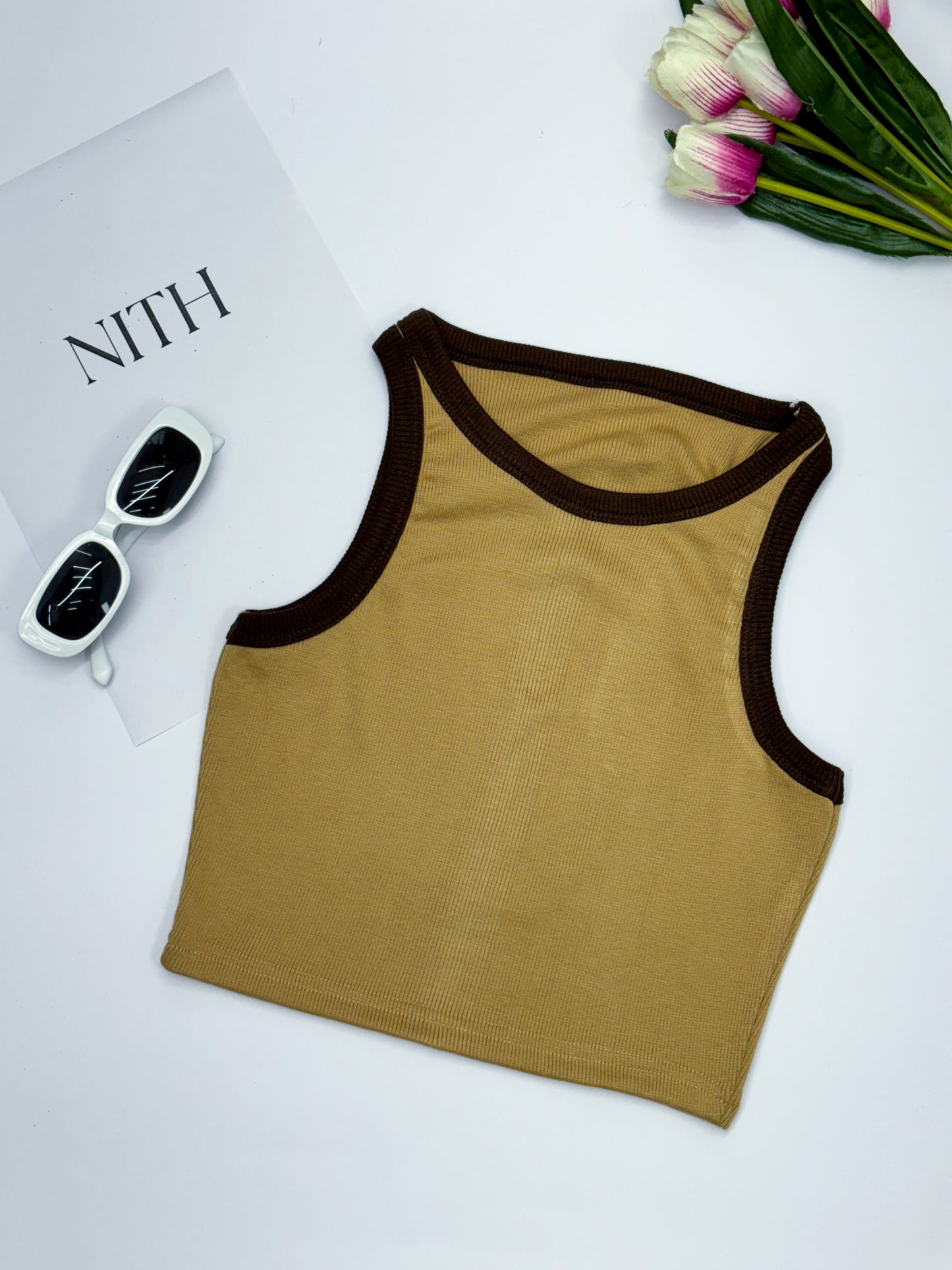 Cream Contrast Tank Top For Women