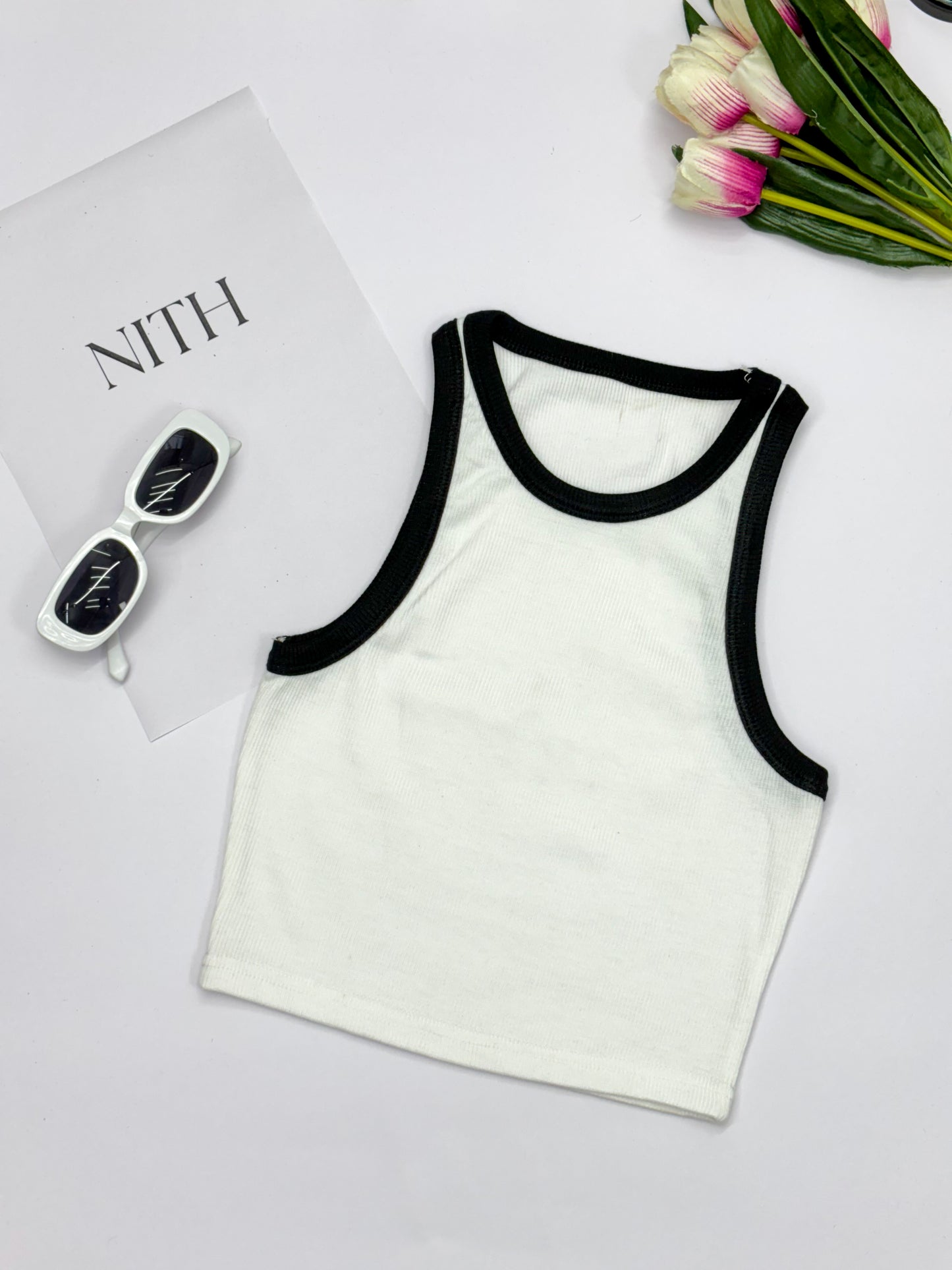 White Contrast Tank Top For Women