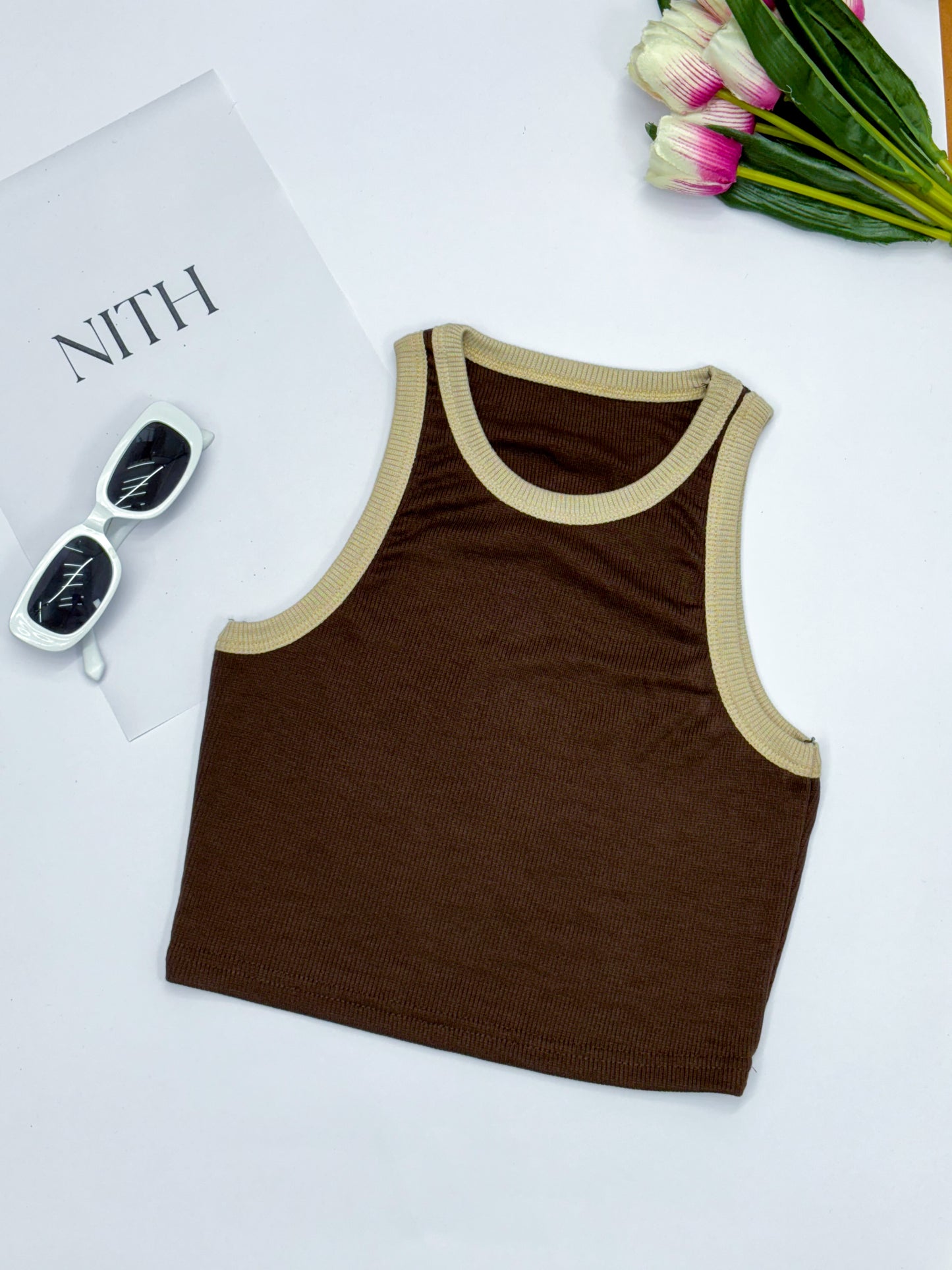 Brown Contrast Tank Top For Women