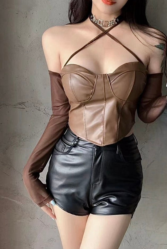 Premium Leather Corset Top With Sleeves For Women