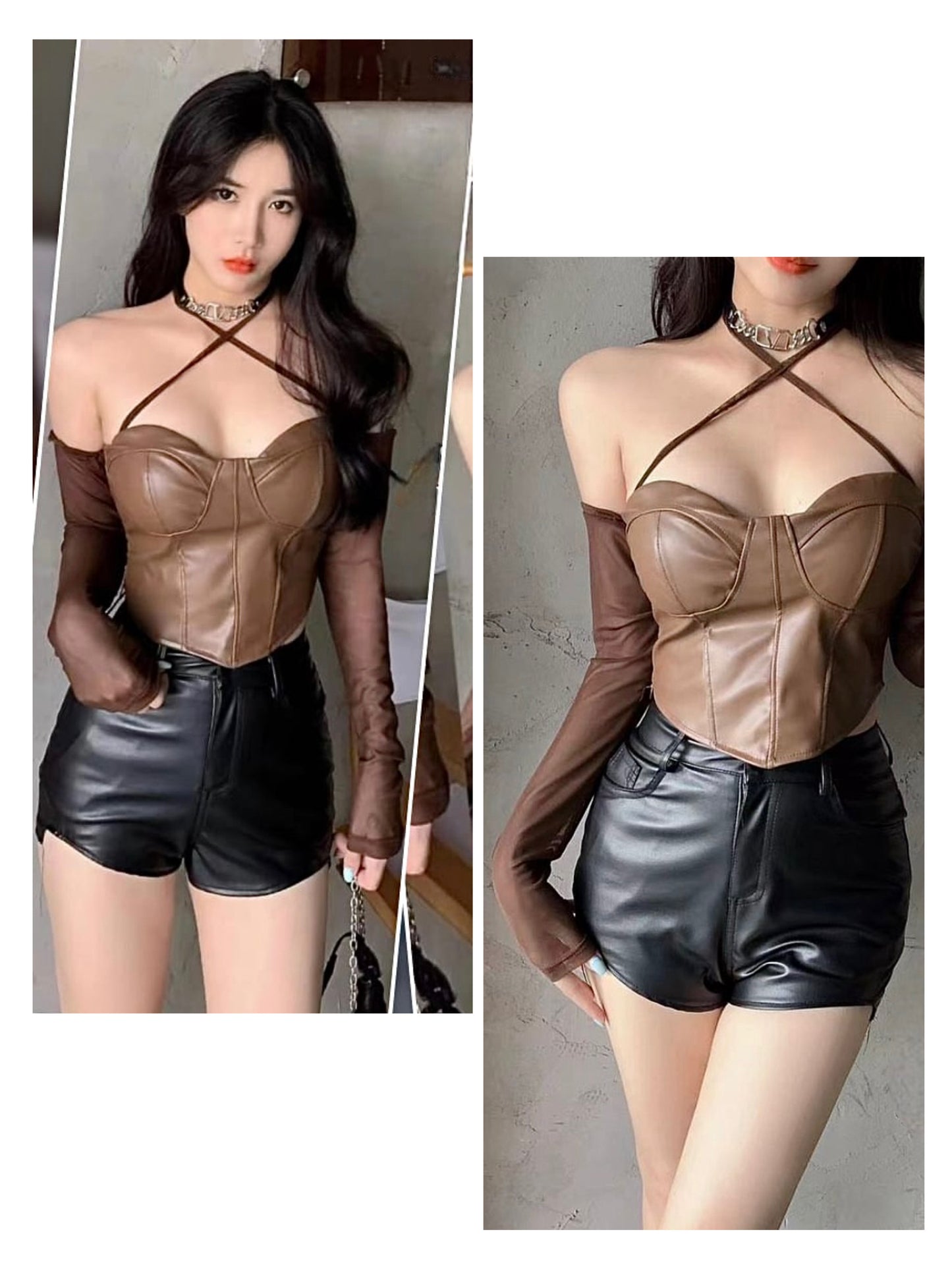 Premium Leather Corset Top With Sleeves For Women